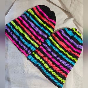 Handmade Neon Knit Kids Toques | Stretchy & Warm | Rainbow & Black Striped
